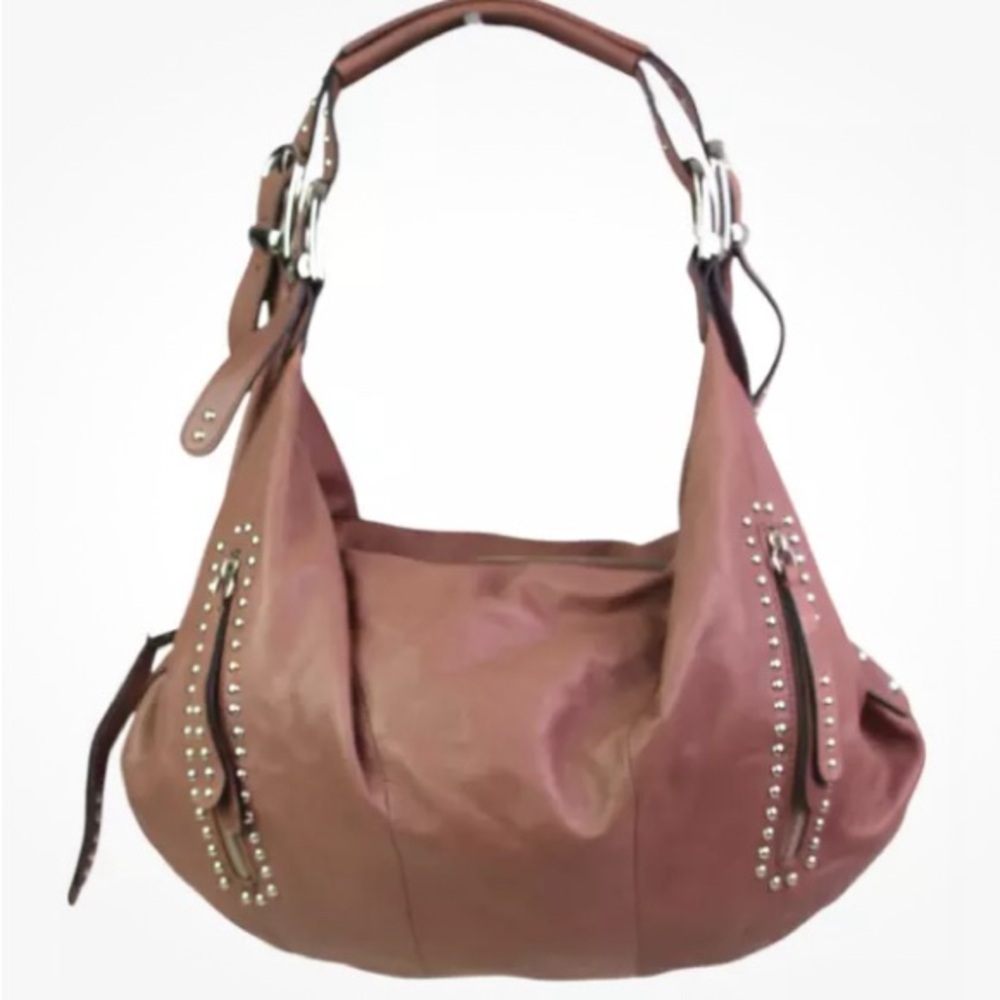 B Makowsky Brown Genuine Leather Studded Zipper Hobo Shoulder Bag